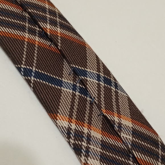 The Tie Bar Silk Wool Diagonal Brown Orange Blue Plaid Men's Skinny Necktie - Picture 6 of 12